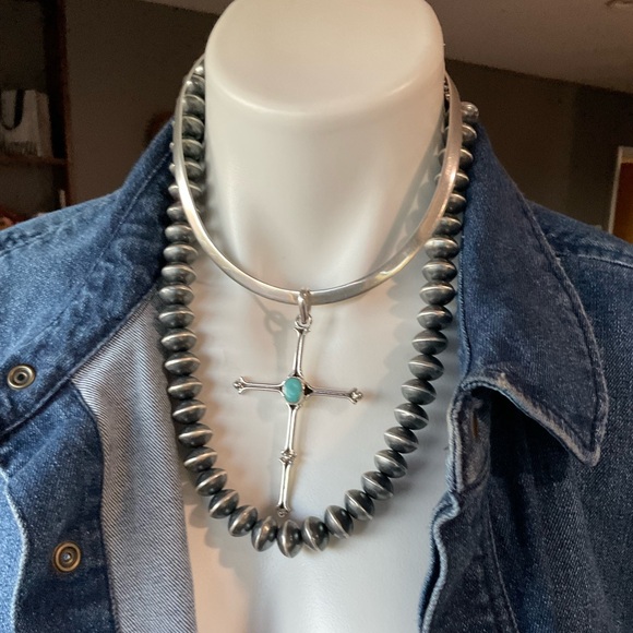 Taxco Silver Cross Necklace with Turquoise Center Stone - Picture 9 of 13